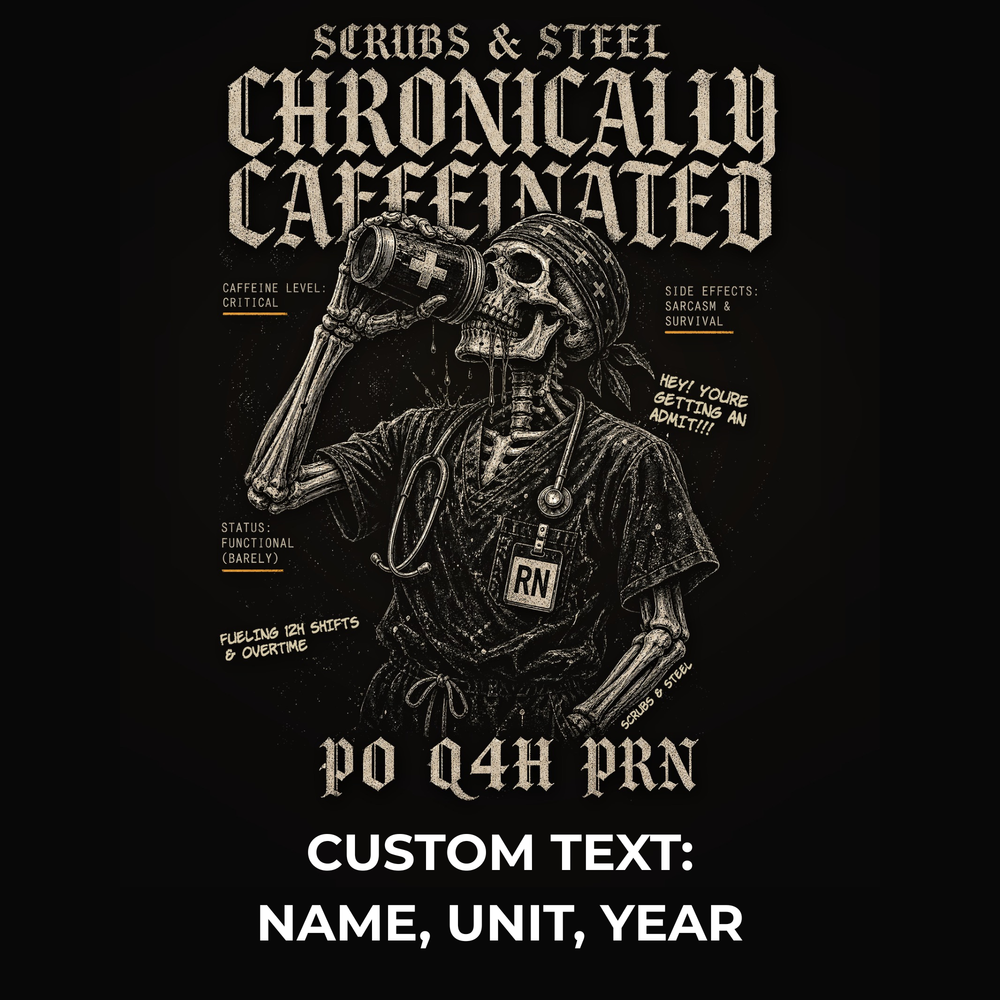 Personalized nurse tee in black with custom unit name pressed beneath the back print