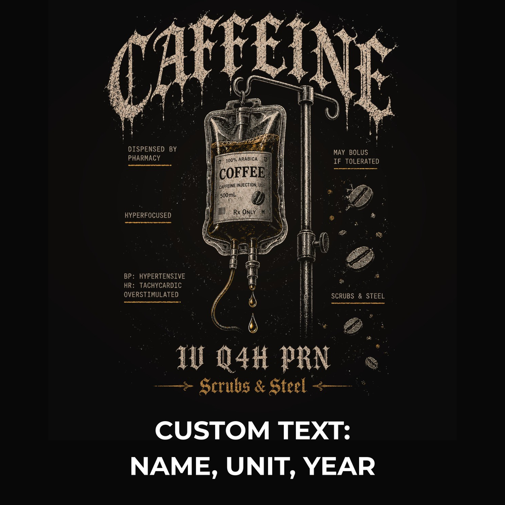 Close view of the custom text area on the personalized nurse tee, showing name, unit and year