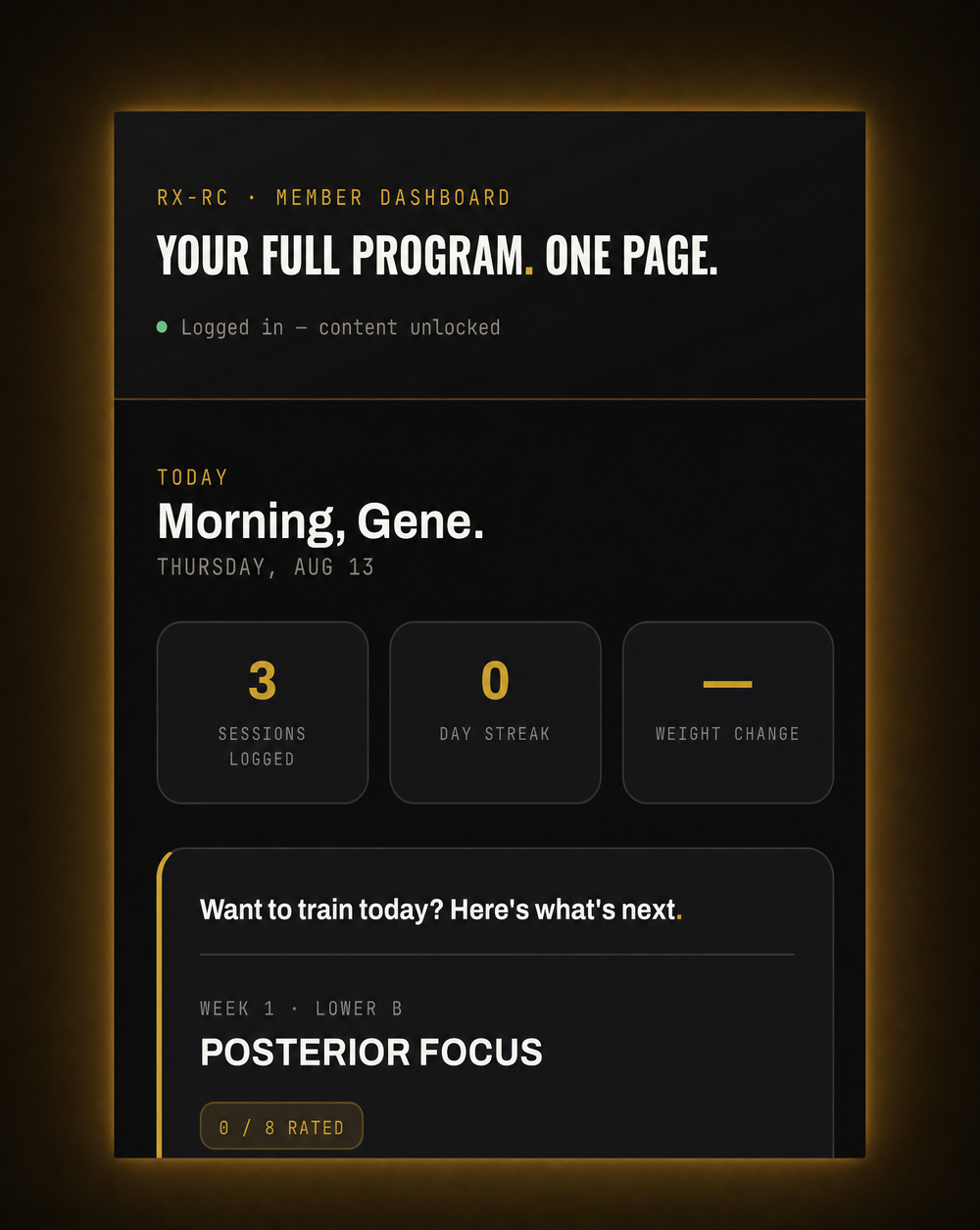 RX-RC member dashboard — your full program on one page, with today's session and daily check-in
