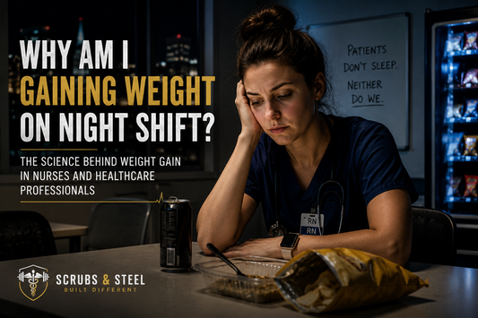 Tired night shift nurse sitting in a hospital break room surrounded by convenience food, illustrating the impact of sleep disruption, recovery, and shift work on weight gain in healthcare professionals.
