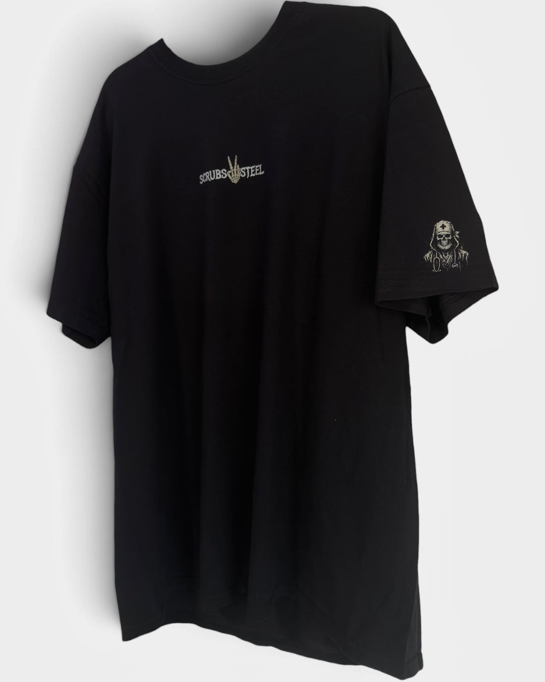 Scrubs & Steel black tee, front chest wordmark and skeleton nurse sleeve print
