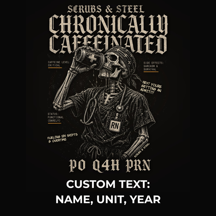 Personalized nurse tee in black with custom unit name pressed beneath the back print