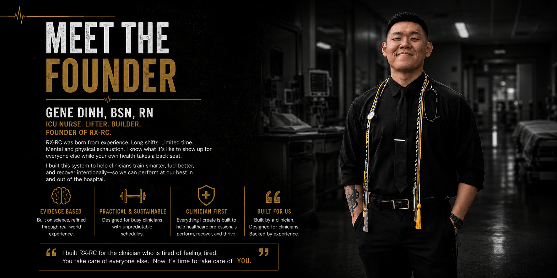 Man in a black shirt with a lanyard standing in a medical setting, introducing the founder of a healthcare company.