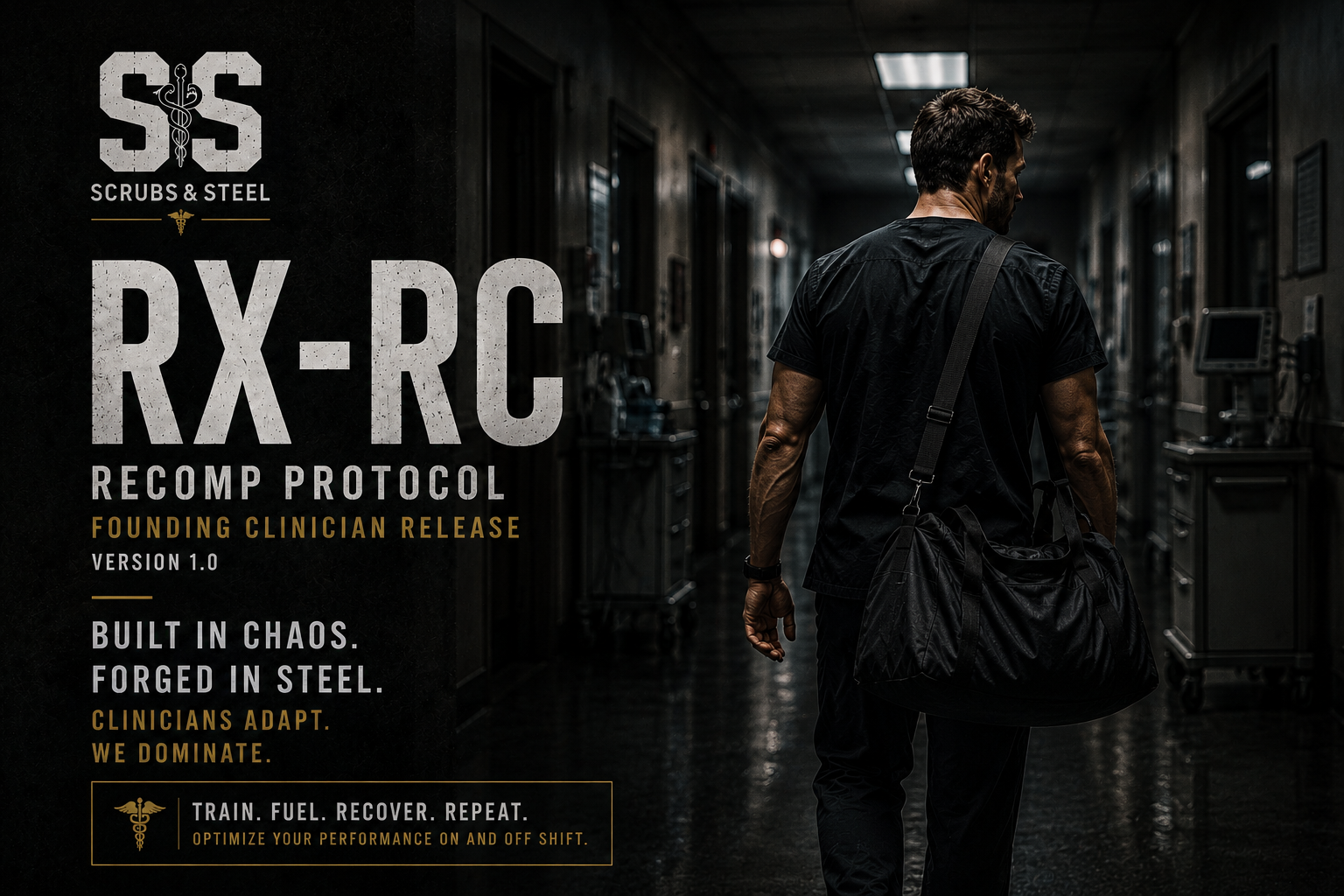 Person walking down a hallway with 'Scrubs & Steel' RX-RC recomposition protocol text overlay.