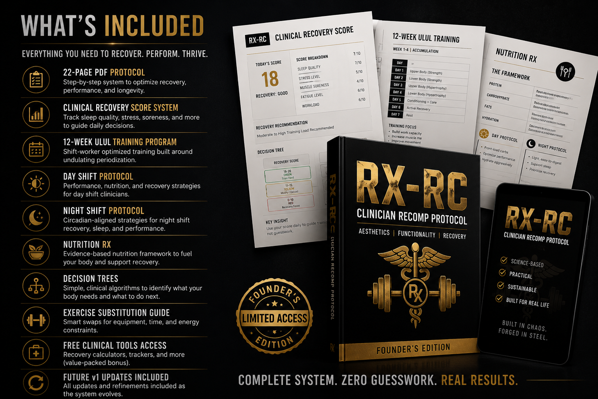 RX-RC Clinician Recomp Protocol featuring the Clinical Recovery Score, a fitness, nutrition, and recovery system designed for nurses, healthcare professionals, and shift workers.