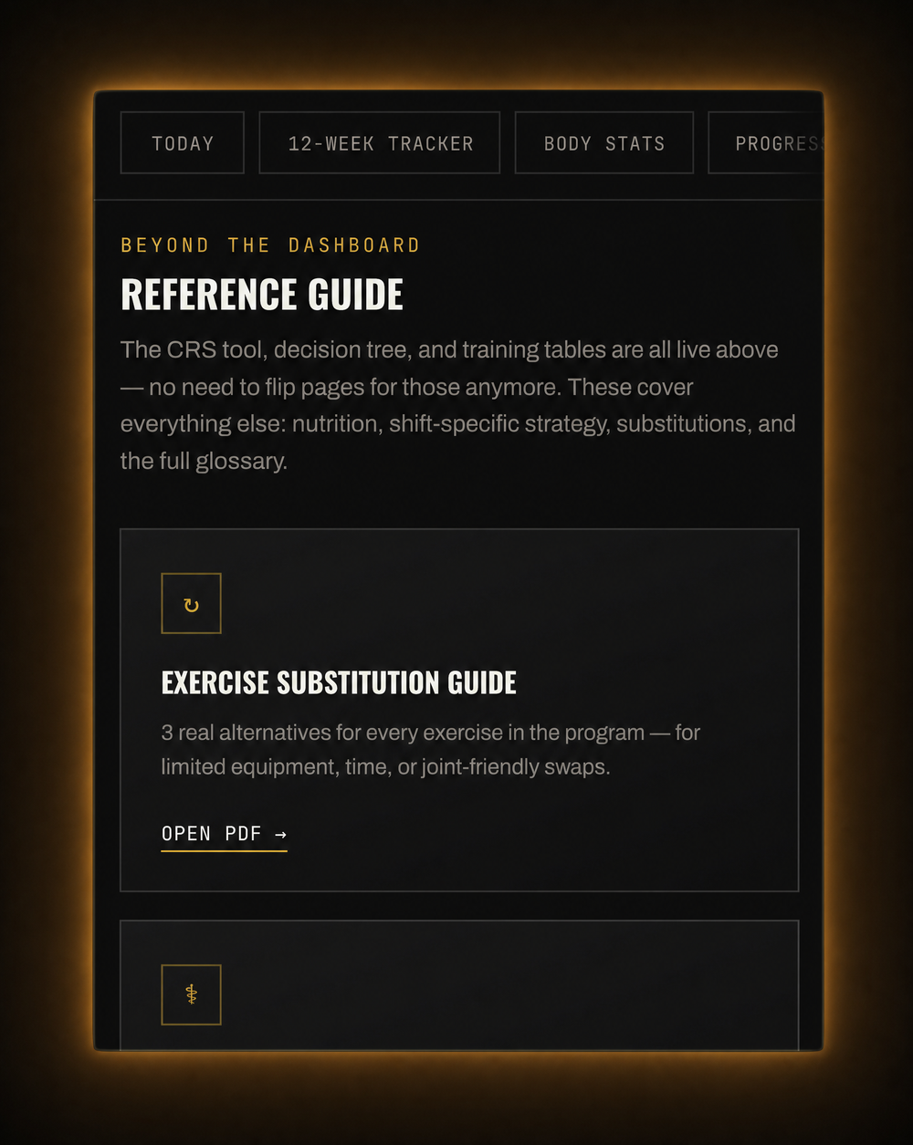 Reference guide library — exercise substitutions, nutrition, and day shift protocol