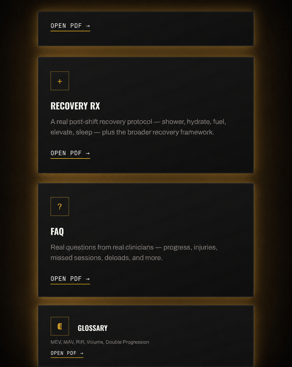 Recovery Rx post-shift protocol, clinician FAQ, and plain-language glossary