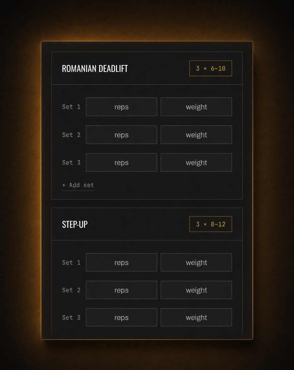 Logging reps and weight set by set against each exercise's prescribed range