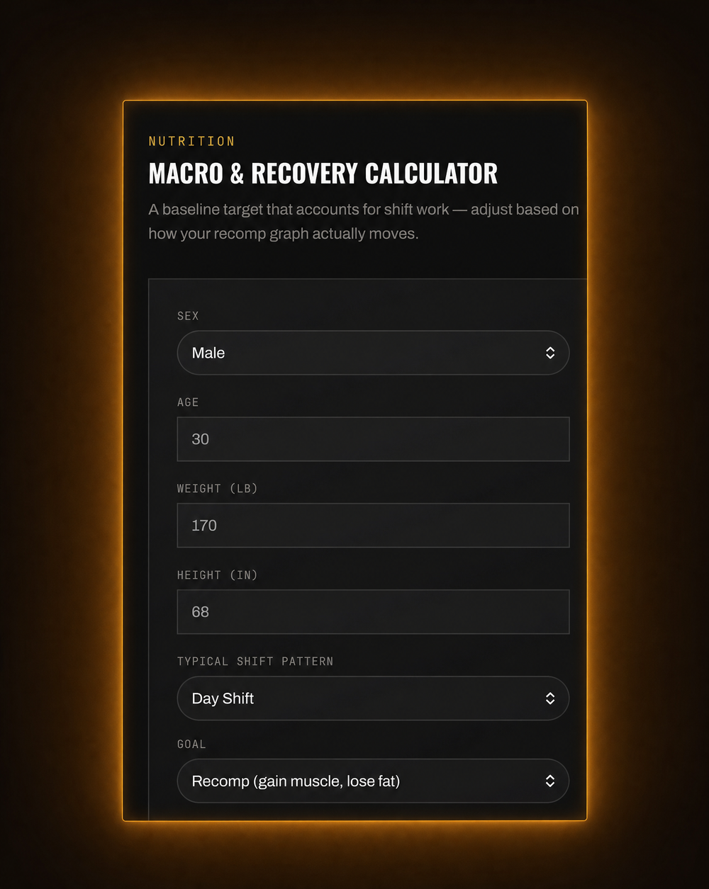 Macro and recovery calculator with calorie and macro targets built around your shift pattern