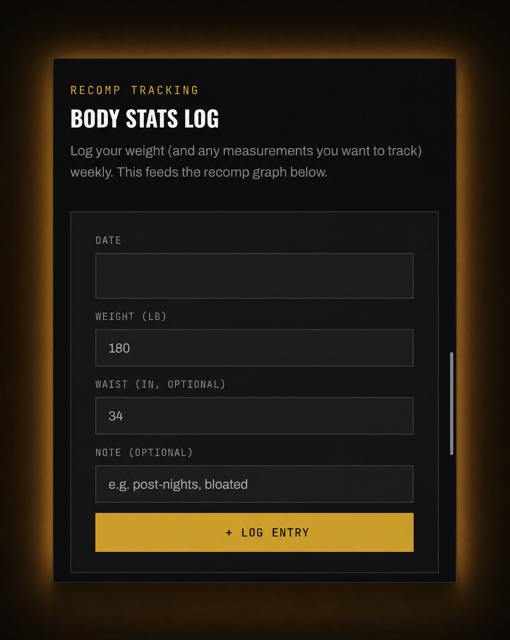 Body stats log for weekly weight and waist tracking, feeding the recomp graph
