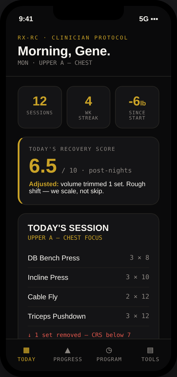 RX-RC dashboard installed as an app, showing today's session and recovery score